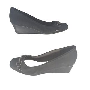 LifeStride Gazette Black Fabric Wedge‎ Pumps Silver Buckle Square Toe Shoes 9W